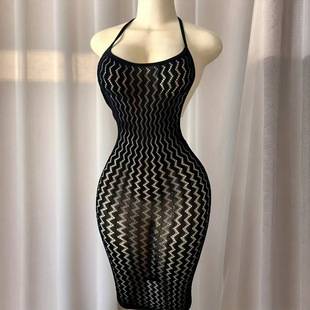 Sexy Hollow-Out Tight-Fitting Bodysuit for Women, Halter Neck Fishnet See-Through Lingerie, High-Elastic Mesh Dress 073 Shapewear