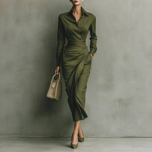 2025 Autumn and Winter Temperament Commuting Dress Independent Station Foreign Trade Amazon Slim Asymmetric Long Sleeve Shirt Dress