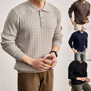 New Spring and Autumn Long-Sleeve Knit Sweater for Men, POLO Shirt with Turn-down Collar and Cable Knit Texture, Old Money Style, Cross-Border Factory Wholesale