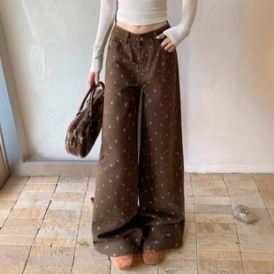 [Korean Style] Xintang Denim Comfortable Floor-Length Casual Versatile American Retro Floral Loose Wide-Leg Jeans for Women