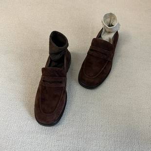 High Version ~ British Niche Suede Square Toe Thick Heel Deep Mouth Loafers Women's Autumn and Winter Versatile Work Clothing Shoes