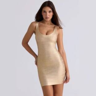 Light Luxury Gold-Stamped Spaghetti Strap Dress, European and American Style Sexy Slim-Fit Bodycon Backless Short Dress, Bandage Dress Party Evening Gown