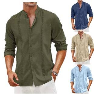 2024 AliExpress cross-border new men's youth cardigan button solid color casual stand collar long sleeve shirt