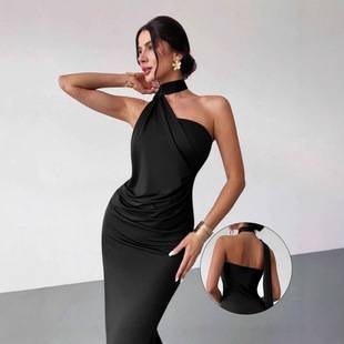 G25D187-Halter Neck Backless Evening Dress Elegant Slim Dress European and American Party Dress