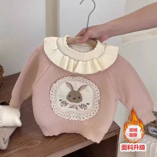 Girls' autumn and winter fleece-lined thickened round neck sweater 1-year-old baby one-piece velvet warm top 2 children's winter sweater