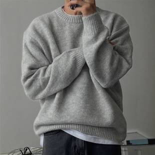 Solid Color Drop Shoulder Round Neck Knit Sweater for Men, Spring and Autumn Lazy Style Basic Versatile Sweater, Warm Thickened Mature Style Jacket