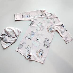 Children's Long-Sleeved One-Piece Swimsuit, Sun Protection, Antibacterial and Anti-Chlorine, Girls' Beach Swimsuit, Baby Girl's Cat Princess Swimsuit