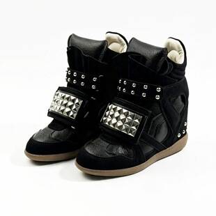 2026 Spring Collection Retro Genuine Leather Velcro High-Top Casual Shoes for Women with Wedge Heel, Versatile Rivet Thick-Soled Height-Increasing Sneakers