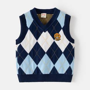 Autumn and Winter New Children's Clothing Boys Classic Quilted Jacquard Sweater Vest Baby Cute Lion Embroidered Knitted Vest