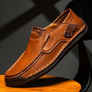 Amazon Cross-Border Hand-Stitched Men's Shoes, Outdoor Casual Shoes, Slip-On Flat Leather Shoes, Low-Cut Large Size Loafers