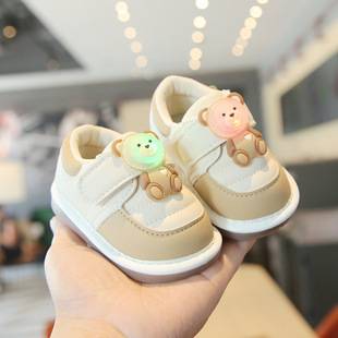 Spring and Autumn Baby Bear Light-Up Walking Shoes, Color-Block Soft Sole with Velcro, 0-2 Years Old Boys and Girls Anti-Slip Squeaky Shoes