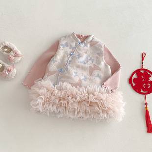 Girls' Retro New Year Outfit, Small Left and Right Side Winter Baby Chinese Style Diagonal Collar Tiered Dress, Children's Thickened Dress
