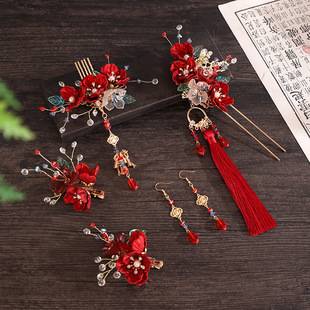 Chinese Antique Style New Costume Headdress Red Xiuhe Tassel Hairpin Velvet Flower Wedding Hair Accessories Wedding Bride Jewelry