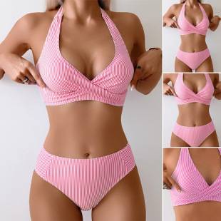 Bikini Striped Single Halter Top Swimsuit New European and American Style Sexy Bikini Swimsuit for Women Amazon