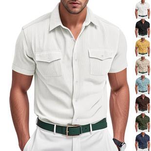 Cross-Border American Summer Men's Short-Sleeved T-Shirt Shirt Casual Loose Ami Khaki Corduroy Workwear Heavyweight T-Shirt for Men