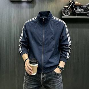 Navy blue three-stripe stand-up collar jacket, men's autumn deconstructed patchwork baseball jacket, cleanfit bomber jacket