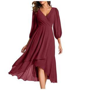 2025 Amazon Cross-Border Women's V-Neck Solid Color Nine-Quarter Sleeve Dress Waist-Cinching Slim Fit Bridesmaid Elegant Dress