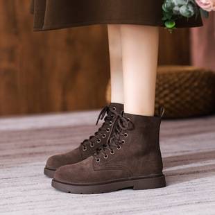 New Genuine Leather Boots 2024 British Style Frosted Genuine Leather Women's Boots Medium Heel Flats Short Boots for Women 8-Hole Boots for Women