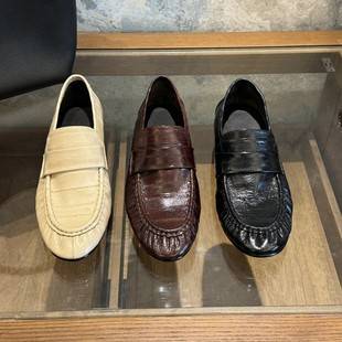 Eel-Pattern Loafers for Women, Flat-Soled, New Autumn Style, Export Single Shoes, Retro Round-Toe, Low-Heel, Pleated, British-Style Leather Shoes