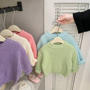 Korean Style Baby Clothes for Autumn and Winter, Boys' Round-Neck Knit Tops, Versatile Candy-Colored Pullover Sweaters for Girls, Trendy Style