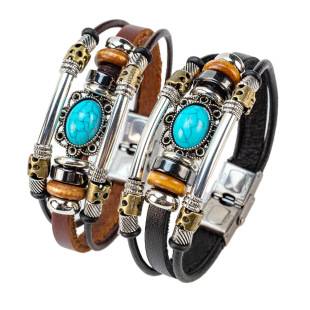 Genuine leather bracelet with oval turquoise lucky flower charm, top-layer cowhide wrist accessory with stainless steel clasp