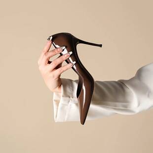 Nut Brown New Style Thin Heel Patent Leather V-Mouth Pointed Toe Plaid and Not Tired Feet Sexy Nightclub Professional Shoes