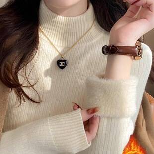 Extra-thick women's sweater for winter, thickened and fleece-lined, new autumn and winter base layer with half-high collar and integrated fleece top