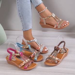 2025 New Summer Flat Rhinestone Fish Mouth Sandals Women's Foreign Trade Large Size Women's Shoes Wholesale