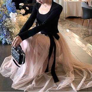 [Bad Women Have Everything] Contrast Color Dress Women's Winter Slimming Look Waistcoat Long-Sleeved Elegant Long Skirt