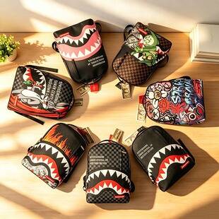 Cross-border trendy shark backpack with graffiti design, high aesthetic value, large capacity, casual street style skateboard backpack