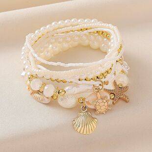European and American Bohemian Style Starfish, Conch, and Pearl Bracelet, Exaggerated Beach Vacation Style, New Shell Single-Circle Accessory
