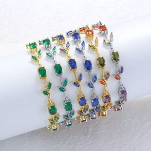Elegant and Versatile Copper Inlaid with Colored Diamonds Leaf and Petal Bracelet, Fashionable Light Luxury Leaf and Tulip Stackable Jewelry Direct Sale