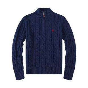 Cross-Border Autumn and Winter Style Ralph Lauren Logo Embroidered Sweater with Half-High Collar, Zipper, and Cable Knit Casual Men's Knitwear Top