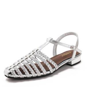 Summer new style woven closed-toe sandals, low heel, fashionable single strap buckle, vintage Roman style, versatile women's shoes 833-205