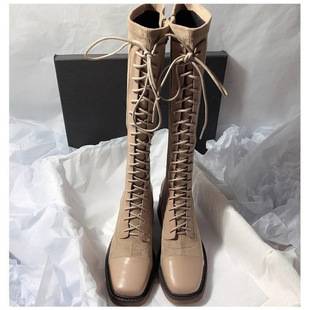 2026 Autumn and Winter New Style Wide Calf Circumference Spliced Round Toe Lace-Up High Boots for Women, College Style Riding Boots, Fashion Boots for Women