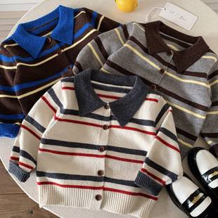 Boys' Sweater 2026 Autumn New Style Children's Turn-down Collar Striped Loose Top Baby Cardigan Casual Knitwear Trendy