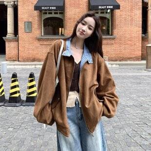 American-Style Simple Short Jacket for Women, Autumn New Commuter Petite Loose Versatile Turn-Down Collar Jacket Top, Brown