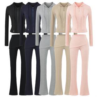 Korean-style waist-cinching hooded long-sleeve sweatshirt cardigan two-piece set with cuffed waist, slim fit, butt-lifting, slightly flared floor-length pants for women
