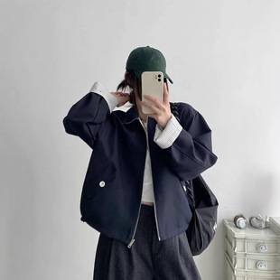 Striped Two-Wear Casual Jacket Women's Autumn Jacket Loose Navy Blue High-End Relaxed Jacket Top