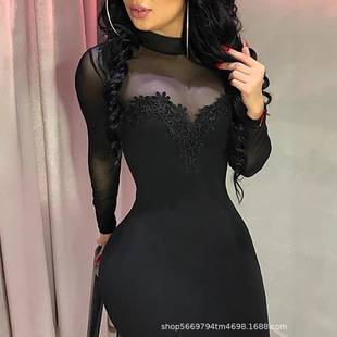 2025 Women's Collar Skirt Long Sleeve Translucent Evening Dress Polyester Mini One Piece Dress Mesh Hot Girl Cross Border