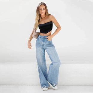 European and American 2023 high waist loose wide leg women's jeans Amazon mopping jeans new one-piece delivery