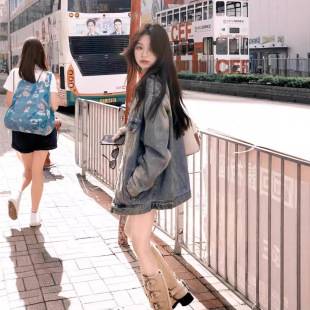 High Street American Retro Washed Distressed Denim Jacket for Women Spring & Fall Loose Oversize Mid-Length Jacket Top