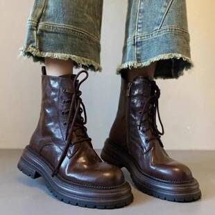 Leather versatile vintage Martin boots with lace-up side zipper, chunky heel, round toe, women's autumn and winter motorcycle boots with thick soles