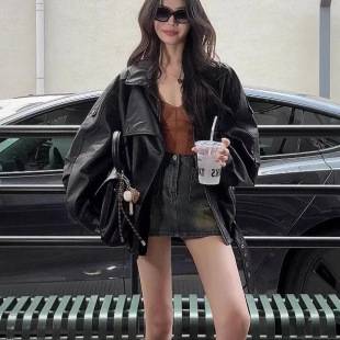 Black Retro Motorcycle Lapel Pu Leather Jacket for Women, Cool and Stylish Style, 2025 Spring and Autumn New Leather Jacket Motorcycle Top