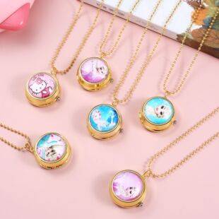 Cartoon Flip Cover Children's Pocket Watch Necklace KT Cat Frozen Rotating Quartz Watch Cute Gift for Girls