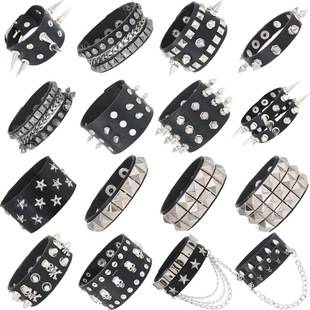 European and American Cross-Border Hot-Selling Punk-Style Spiked Rivet Exaggerated Bracelet Non-Mainstream Hip-Hop Men's Leather Wristband Bracelet