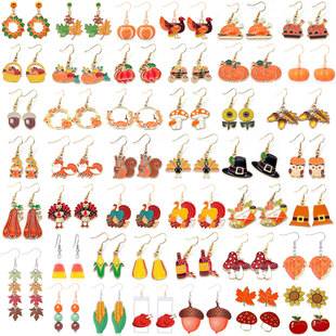 Cross-Border Hot Selling Thanksgiving Maple Leaf Earrings for Women Creative Fashion Cartoon Oil Dripping Pumpkin Turkey Sunflower Earrings