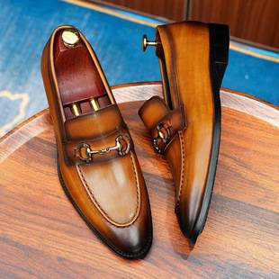 Spring New Style Penny Loafers for Men, Genuine Leather, British Retro Polished Leather Shoes, Business Slip-On Shoes with Horsebit Buckle