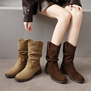 Fashionable Pleated Ankle Boots 2026 Fall/Winter New Maillard Western Cowboy Short Boots for Women with Chunky Heel and Round Toe
