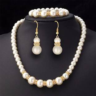 Amazon Wish Imitation Pearl Necklace Bracelet Earrings Set Three-Piece Set Cross-Border Bridal Set Decoration for Women